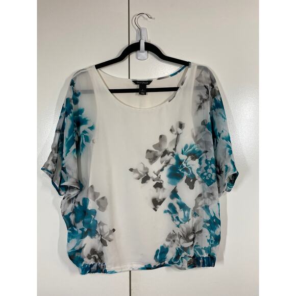 WHBM White Floral Blouson Short Sleeve Blouse Size Small - Picture 7 of 8